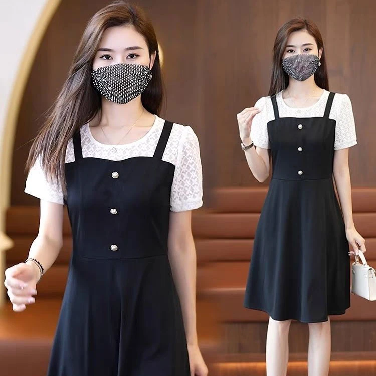 女装连衣裙蕾丝拼接2025裙子气质时尚夏季收腰假两件小黑裙