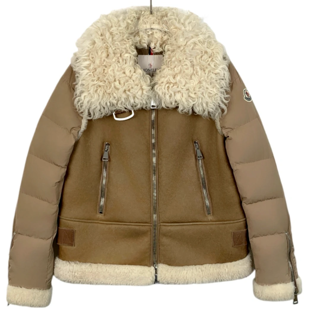 95新 MONCLER 棕色徽标贴饰拉链皮毛一体羽绒服外套 1 S码  CS