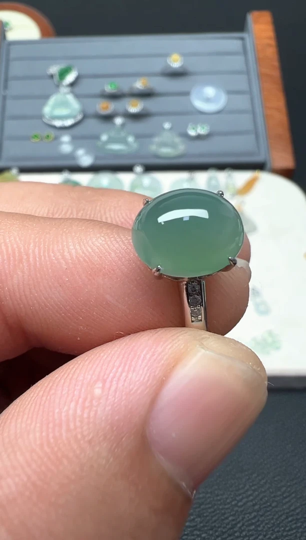 银S925镶嵌戒指翡翠纯天然A货缅甸翡翠蛋面戒指30号链接
