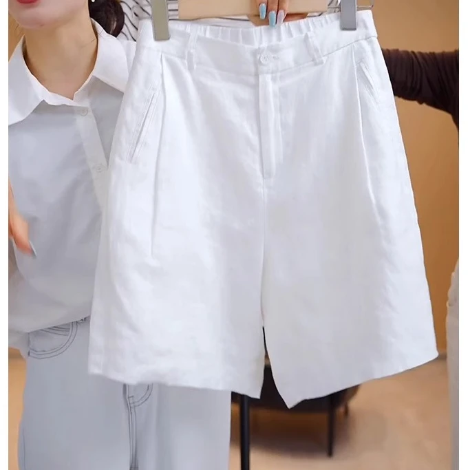 白色西装棉麻短裤女夏季新款时尚高端苎麻裤子高级女款亚麻五分裤