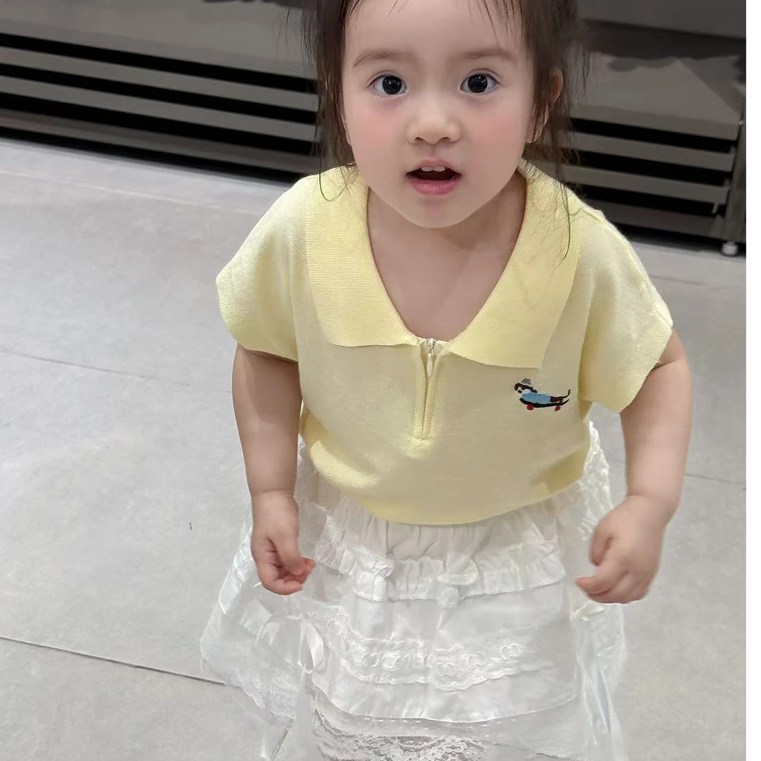 儿童韩系POLO针织短袖T恤夏季半拉链莱赛尔宽松上衣男女童翻领