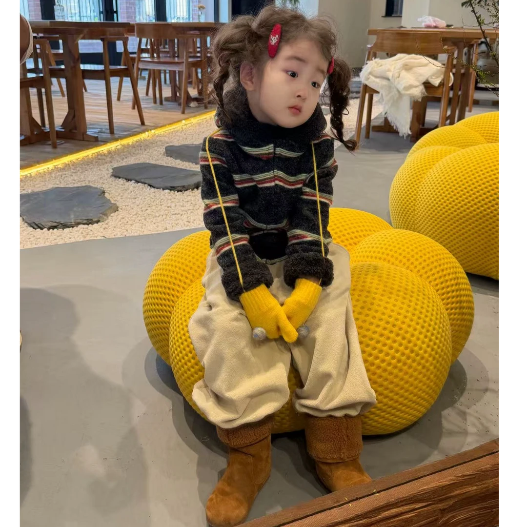 甜小七女童2025冬季新款韩版休闲条纹毛毛连帽衫一体绒休闲裤套装