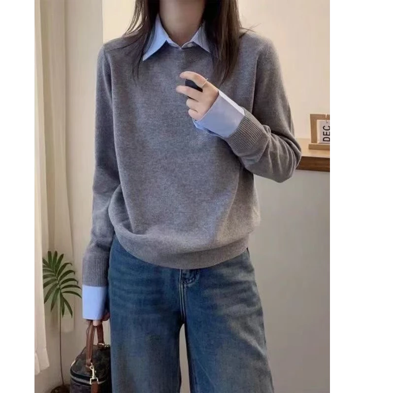 2025新款拼接衬衫领针织衫毛衣秋冬季打底衫假两件百搭上衣套头女
