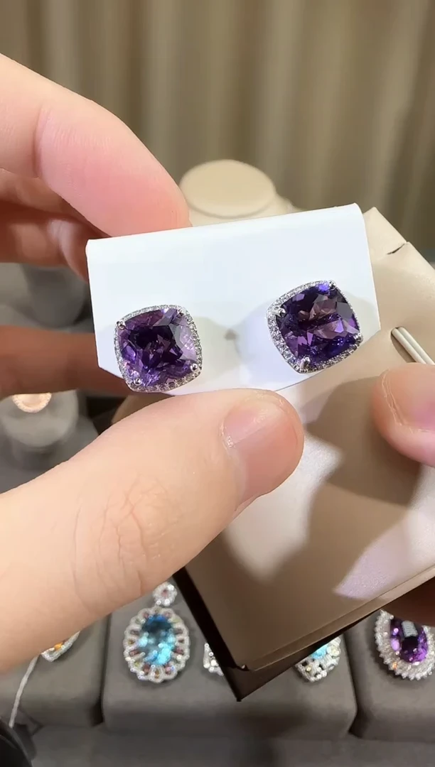 银S925镶嵌耳饰紫晶11mm耳钉简约设计款