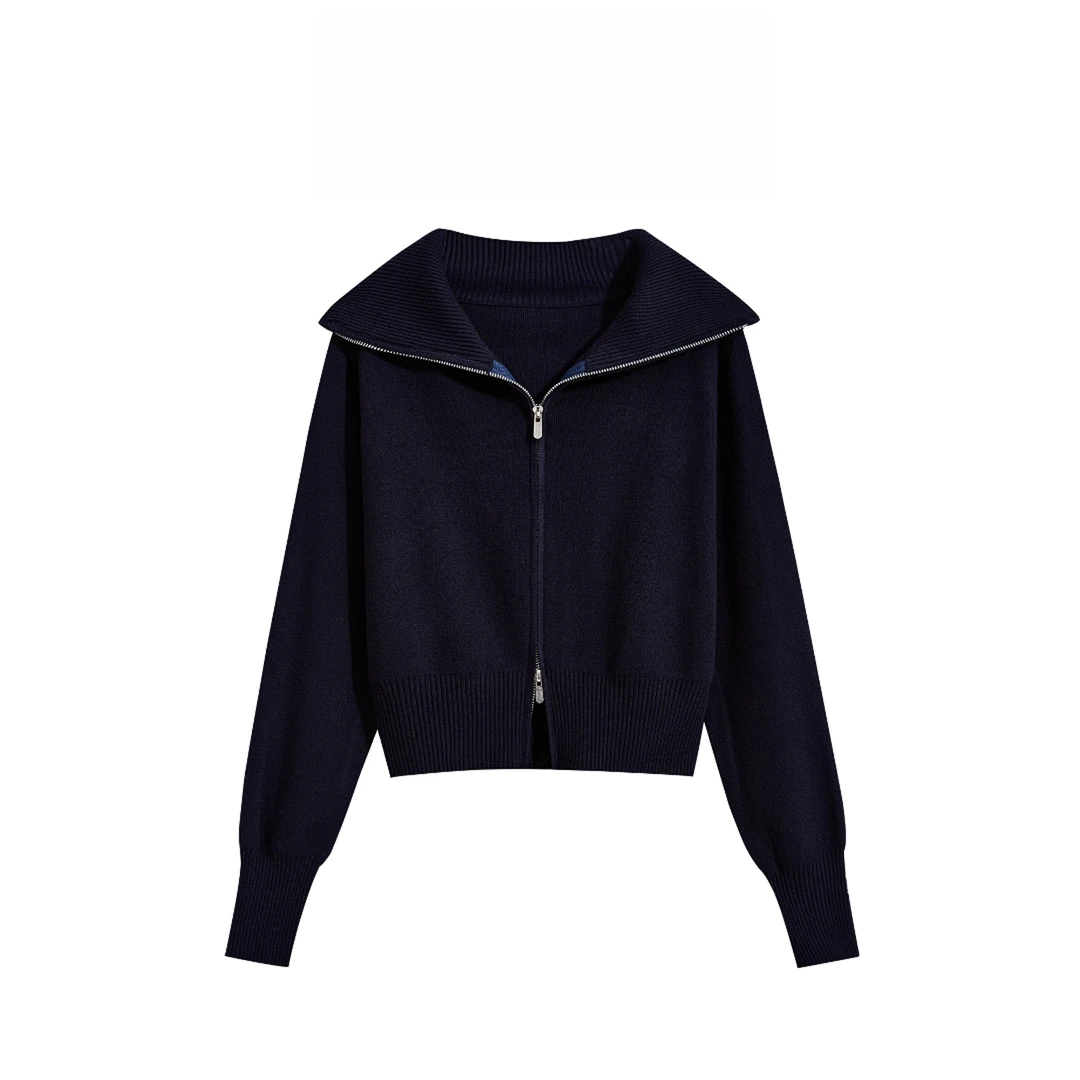 TIANTIAN-双拉链大翻领开衫女韩系宽松慵懒风设计感毛衣外套上衣