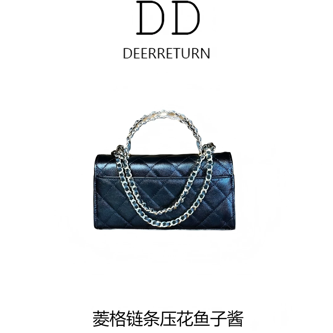 DD【小香 25S】 菱格链条手柄 颗粒压花鱼子酱牛皮革单肩斜挎手提包