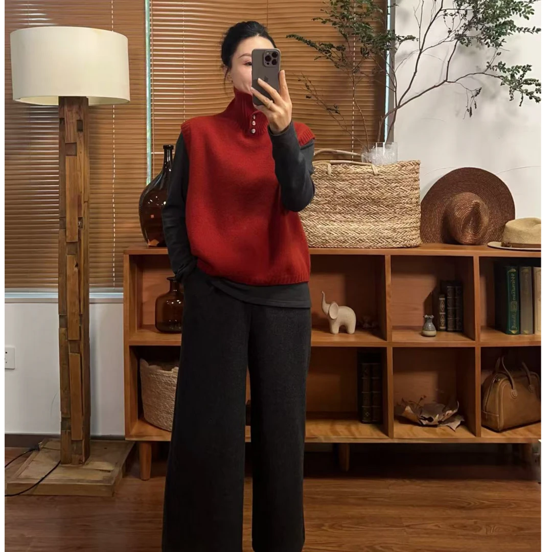 【那尚新品】100%绵羊毛可立领可翻领针织无袖时尚马甲（不能机洗）