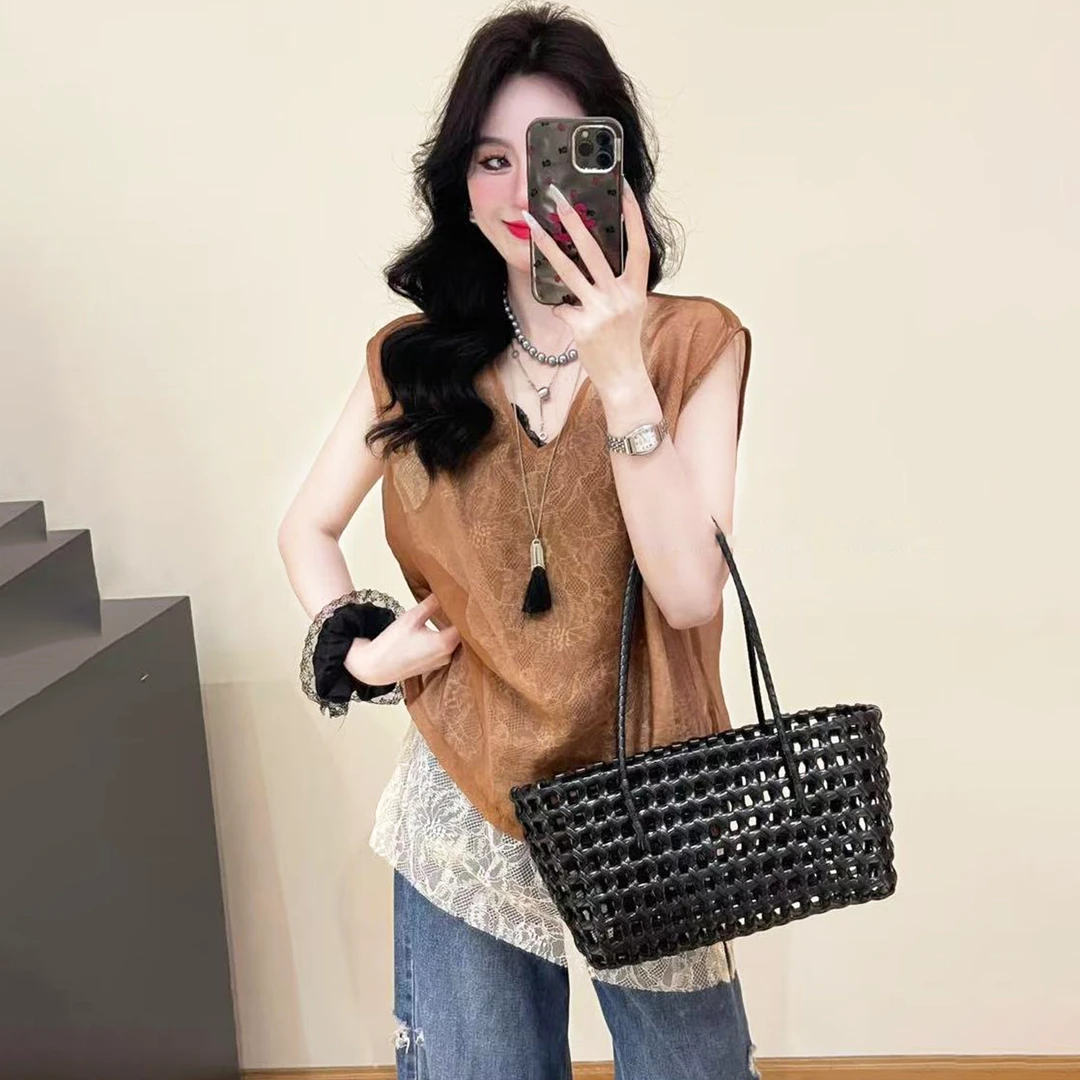 假两件网纱无袖上衣女2025新款夏季雪纺衬衫女轻奢高级感减龄洋气