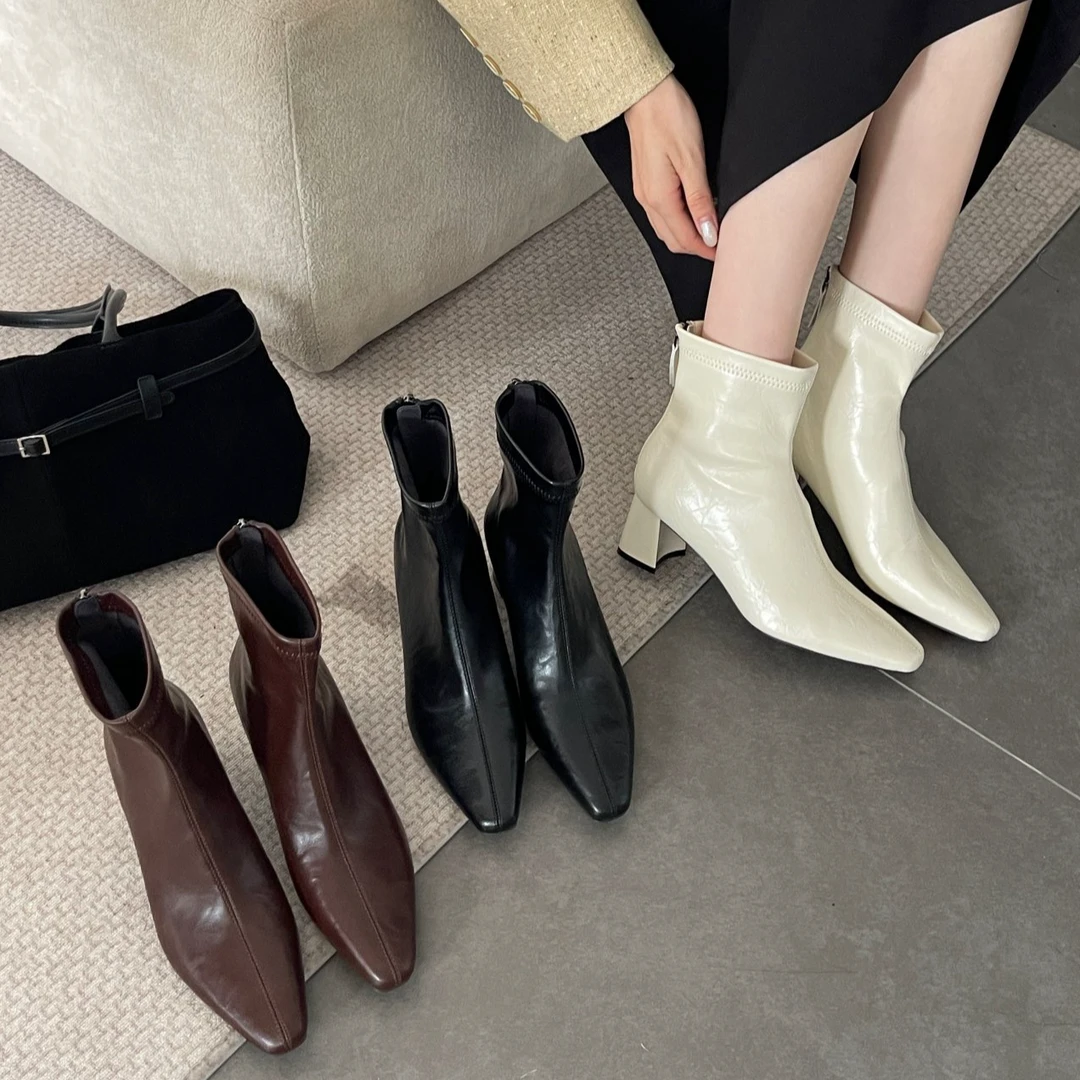 2025冬季新款时尚尖头粗跟瘦瘦靴法式方跟后拉链中跟短靴加绒裸靴
