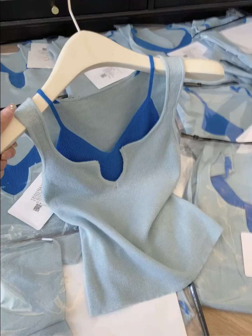 【现货】韩系撞色拼接假两件针织吊带背心夏季修身显瘦别致无袖上衣