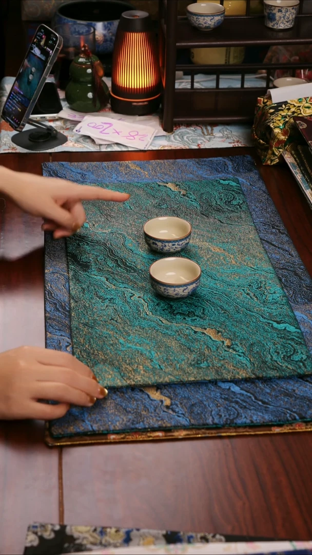 【鎏金蓝绿双面】中国风干泡织锦茶席33*65