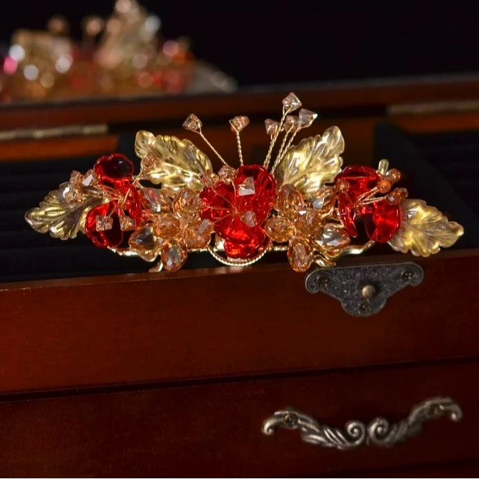 喜事，新中式红色琉璃花新娘敬酒服国风汉服后压发簪发钗（256