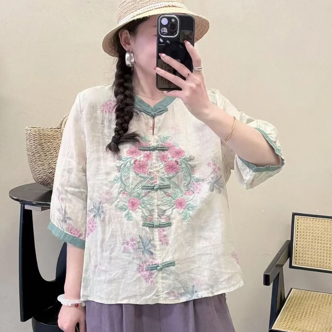 新款复古文艺风长袖衬衫女春秋新款套头衫气质百搭显瘦衬衣苎麻