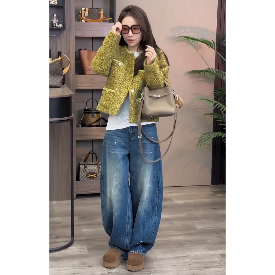 加绒加厚2025秋冬高腰阔腿牛仔裤女宽松直筒长裤显瘦百搭时尚潮流