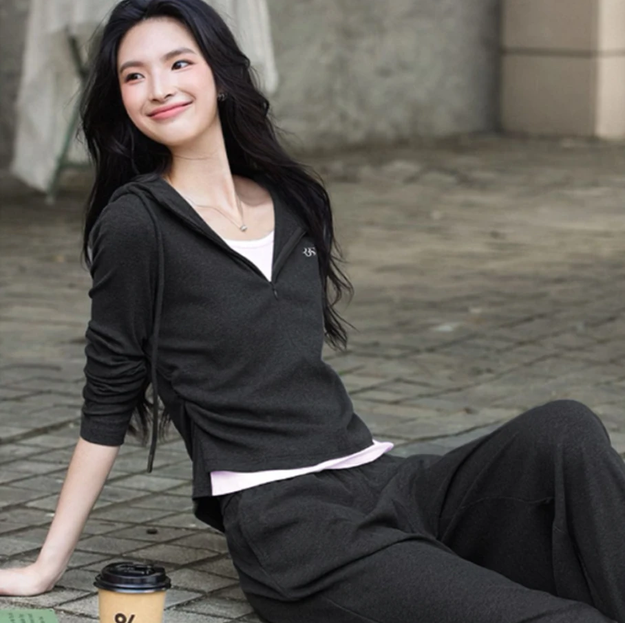 秋冬新款休闲时尚减龄显瘦气质套装女假两件上衣+宽松阔腿裤子zj