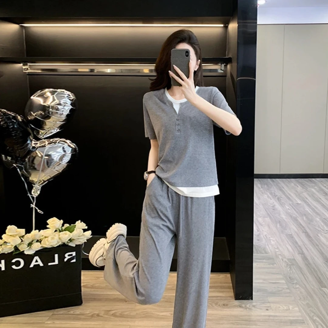 2025春夏新款烫钻假两件套装休闲风气质时尚拼接半开衫套装5693