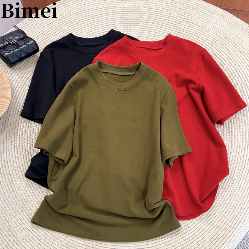 必魅-2025秋冬韩系红色正肩短袖T恤小衫圆领基础简约上衣ins5887