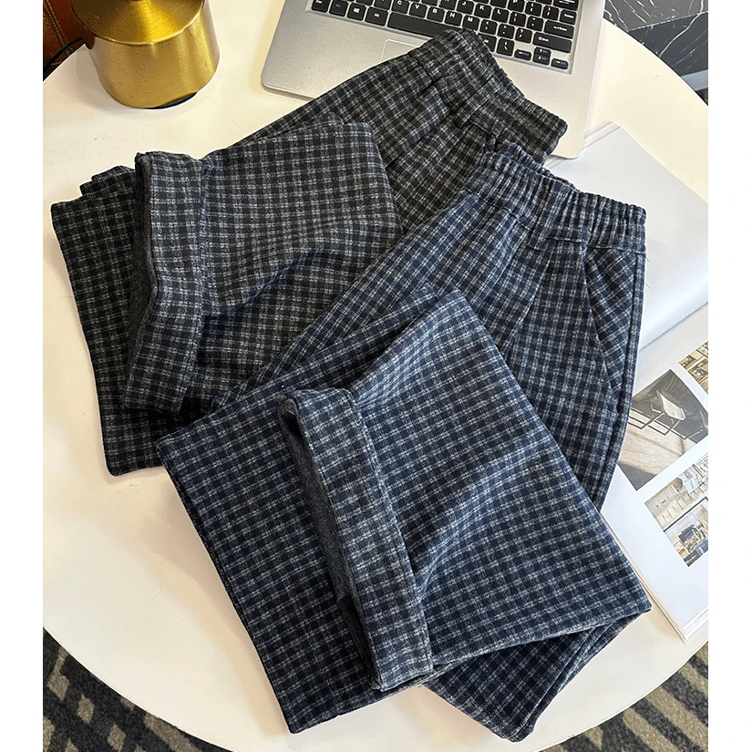 大码韩系百搭毛呢直筒阔腿休闲裤女秋季款梨形身材宽松显瘦九分裤