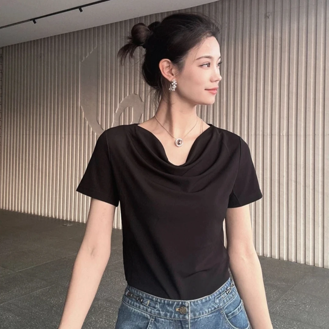 【AMSSGIRD】春夏款时尚百搭荡领显瘦冰丝短袖T恤上衣530064