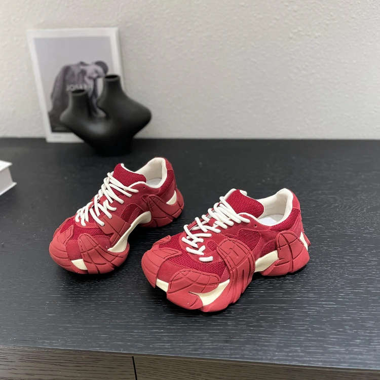 2025早秋新款老爹鞋小个子5cm松糕底百搭小众系带休闲女时尚透气