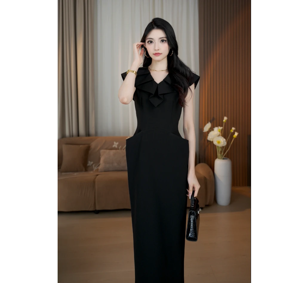 CHUCHU【绅士线条】黑色赫本风修身连衣裙显瘦长款气质裙子XMZH7948