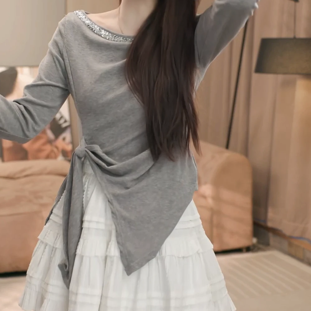 春季新款时尚长袖烫钻修身显瘦百搭设计感不规则纯欲风T恤女