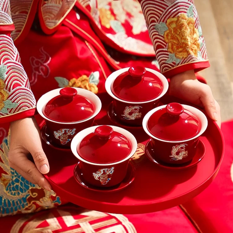 锁美家居结婚用品大全喜碗敬茶杯碗改口陶瓷碗喜杯新人敬茶杯婚庆