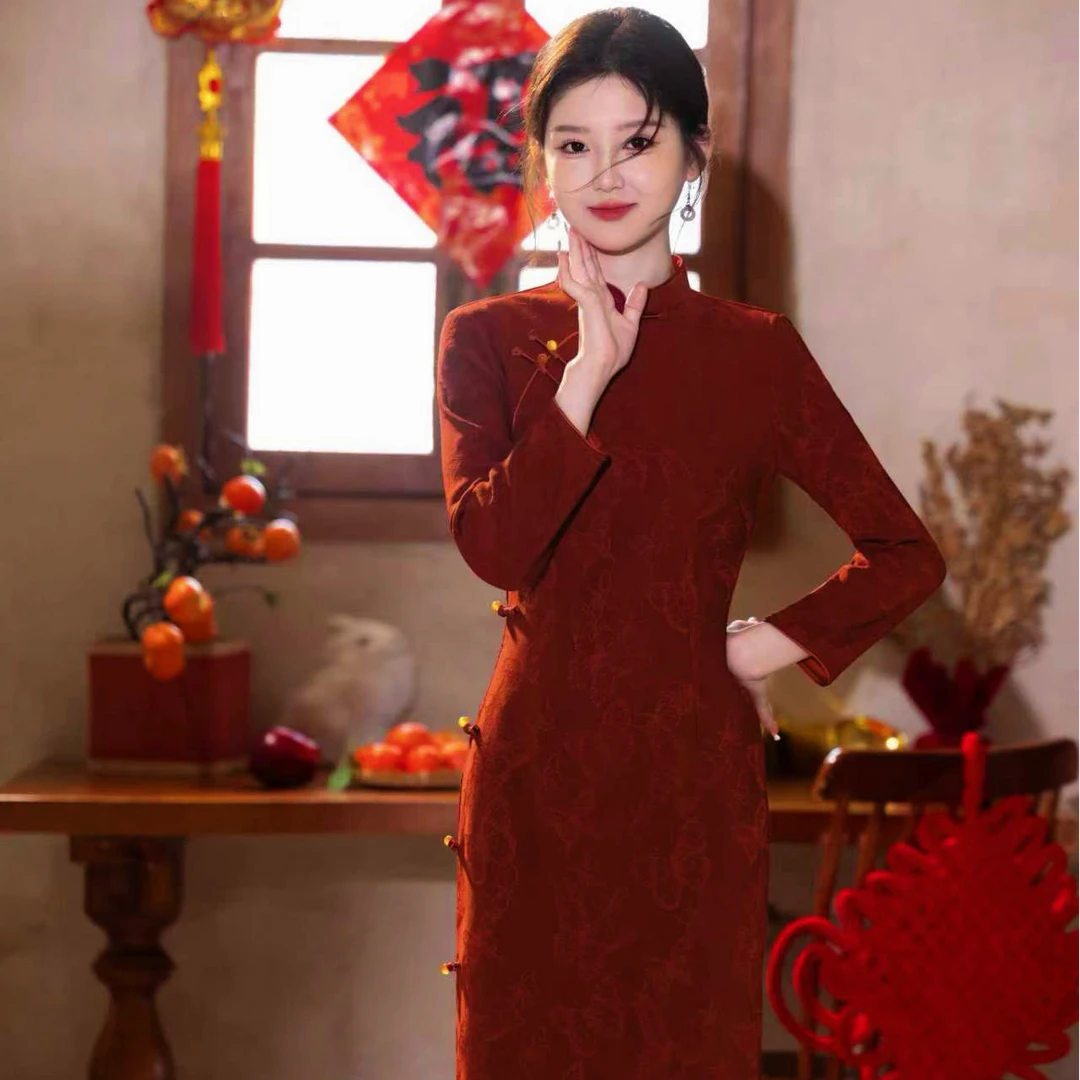 【福蝶】冬款加绒旗袍长袖红色新年显瘦喜妈妈年轻气质订婚日常中式