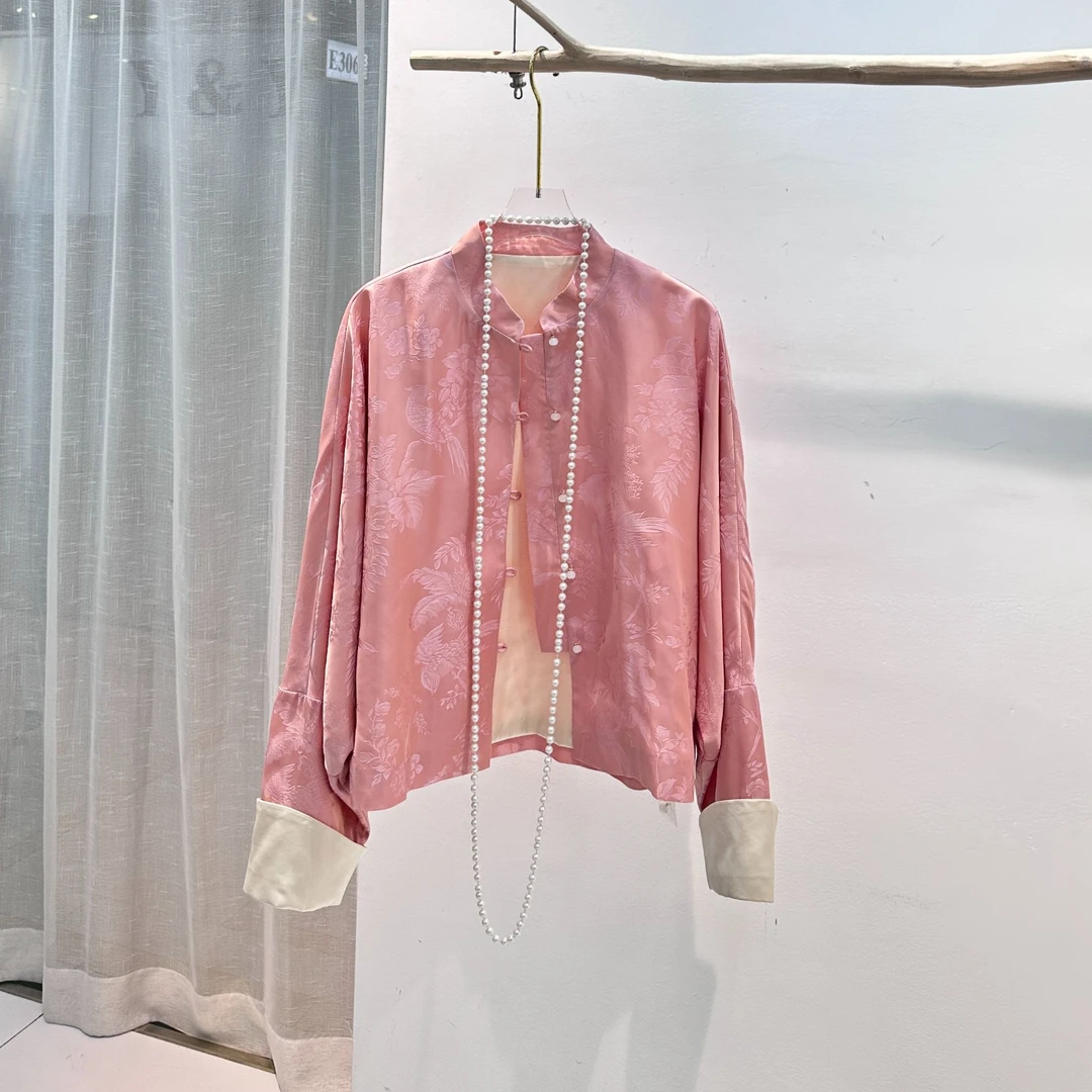 【橘粉色】简约新中式桑蚕丝高端国风春季款立领女装HF-870032