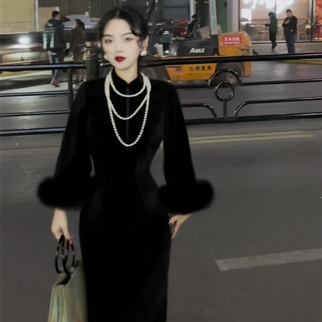 LHMknk1画报夫人原创自制新中式国风旗袍厚款雪尼尔连衣裙 黑袖