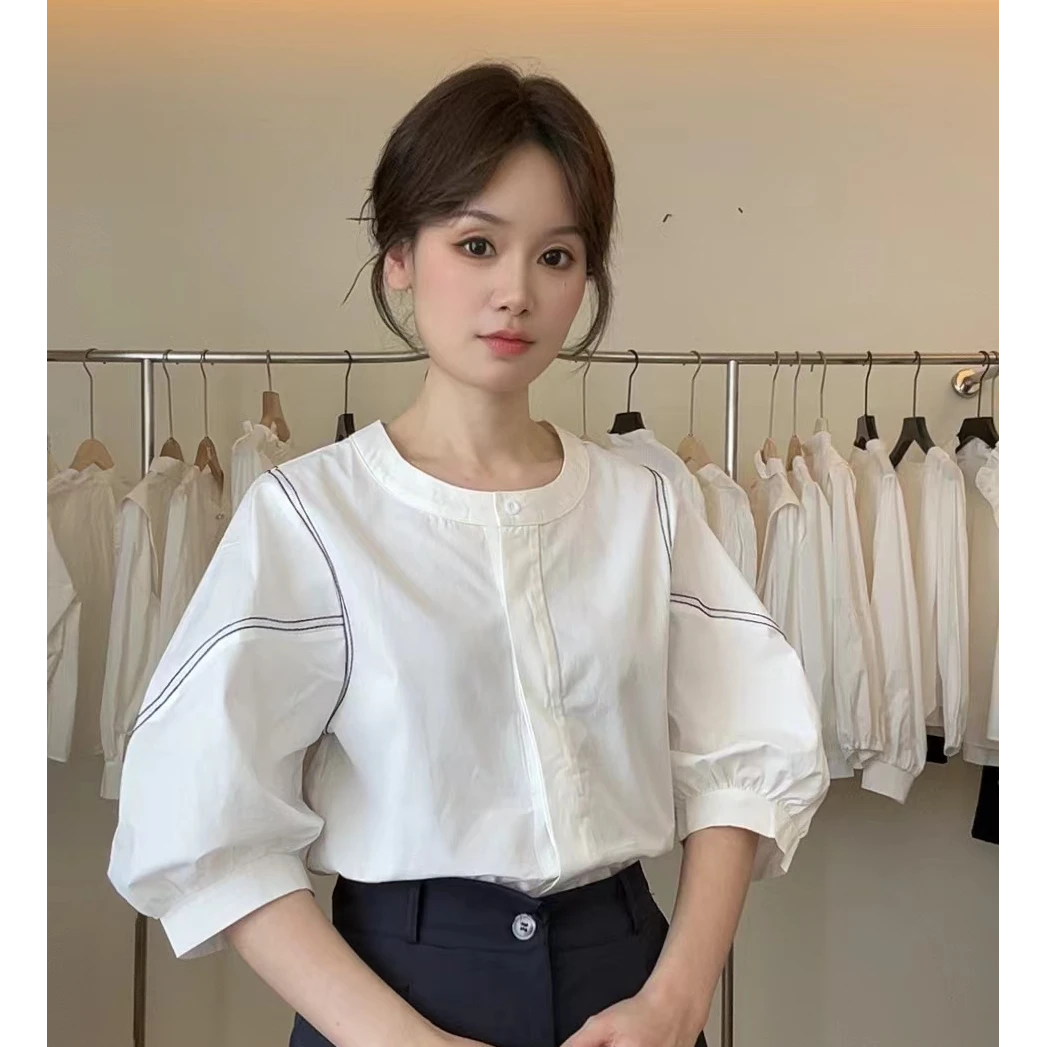 039简约圆领长袖衬衫上衣女2025新款时尚气质衬衣女