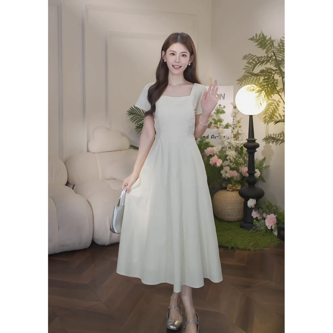 【夏日月光】夏季新款法式方领气质浅色短袖连衣裙长裙女小众简约