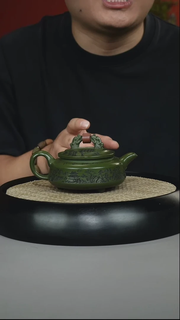 茶壶紫砂绿泥 双线鼓壶 扭转乾坤