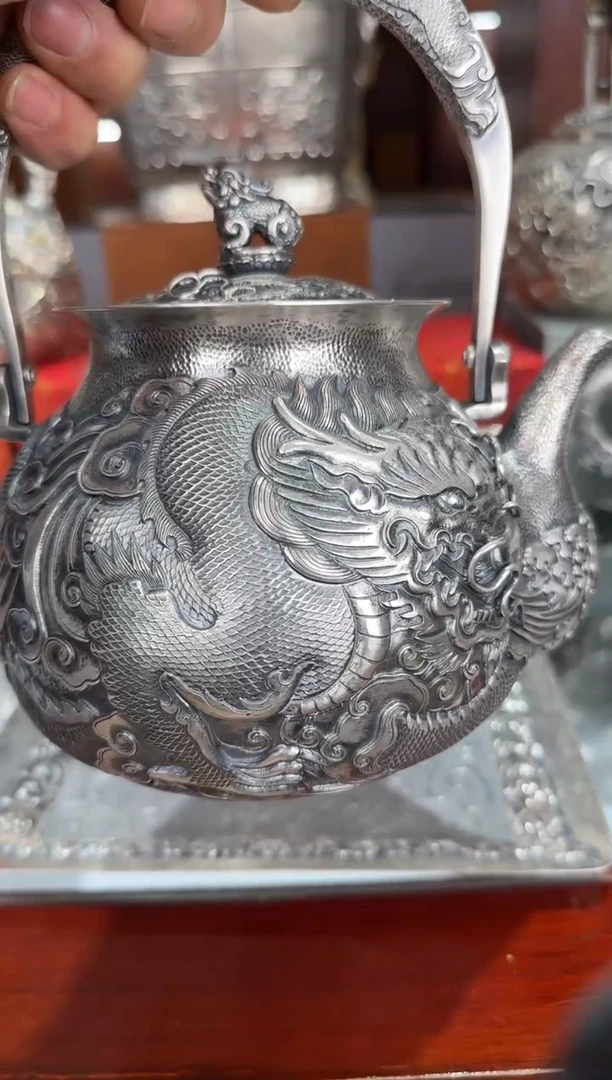 五*星足银精工手工双龙戏珠大师鏨刻提梁龙龟壶钮烧水壶