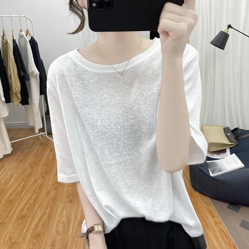 雪花棉亚麻短袖T恤女薄款上衣夏圆领宽松透气打底衫复古棉麻体恤