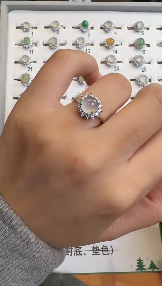 银S925镶嵌戒指翡翠通体925银镶缅甸A货翡翠戒指035