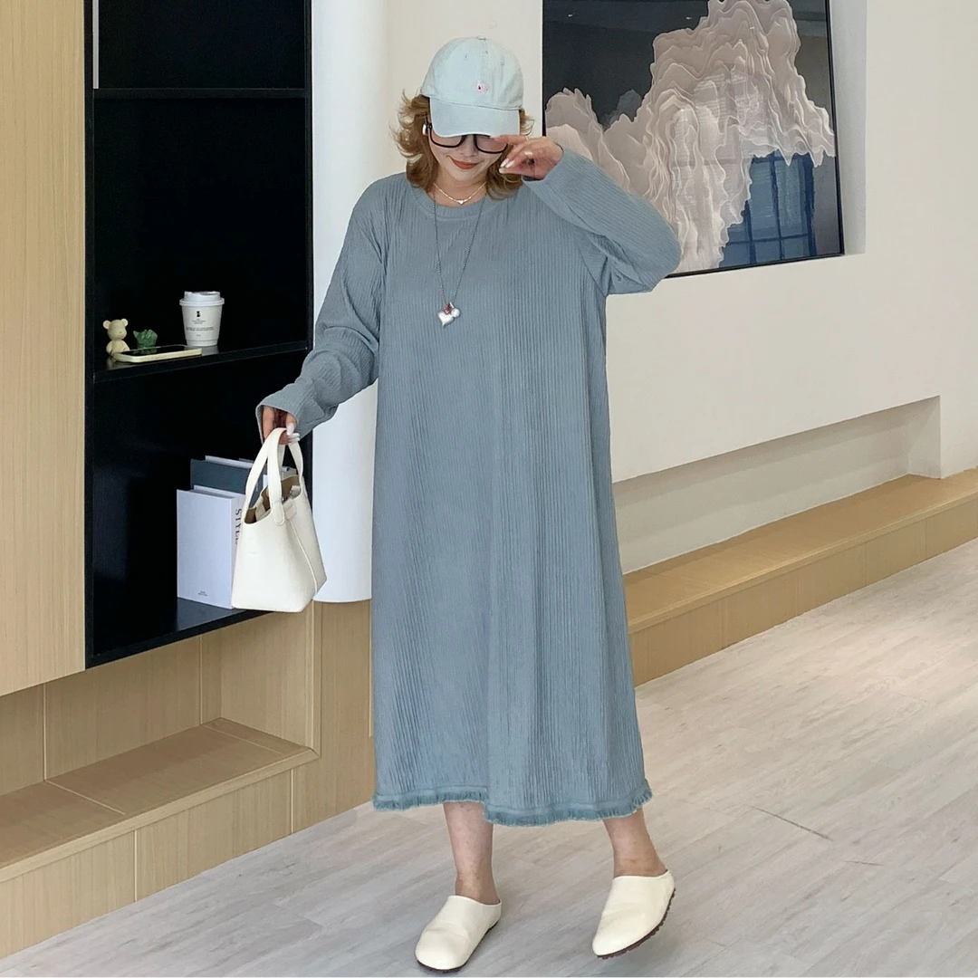媛子大码【昼夜】春季休闲纯色简约长款过膝家居服宽松圆领连衣裙