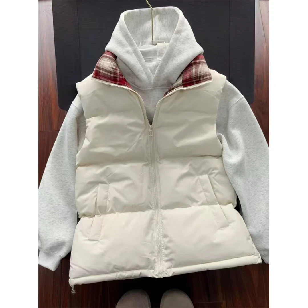 格子拼接坎肩立领棉服马甲男女美式秋冬款复古棉衣外套情侣潮衣