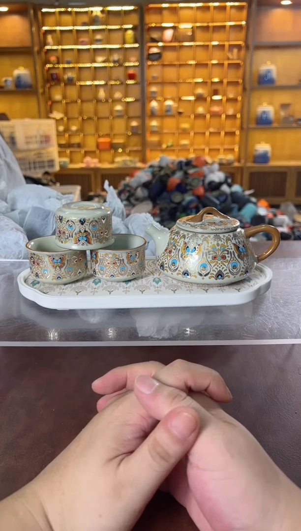 瓷片鸣盏居11111金银错石瓢壶+3杯+茶盘