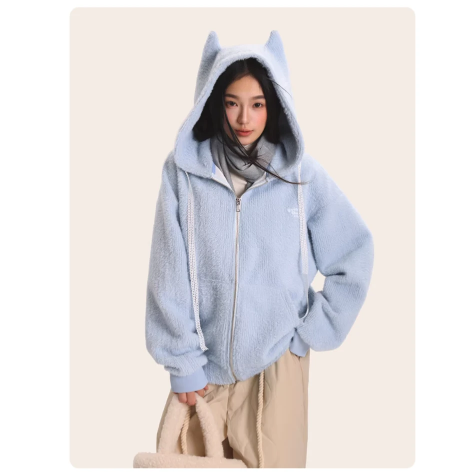 【0123清仓】慵懒风加厚连帽卫衣开衫宽松恶魔角毛绒外套秋冬