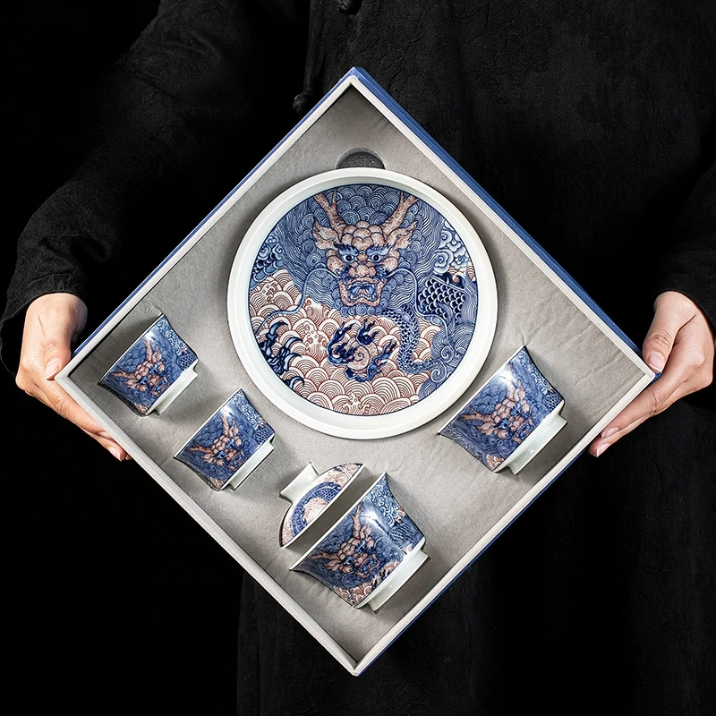 景德镇釉里红龙纹盖碗茶杯家用干泡台茶盘陶瓷泡茶碗功夫茶具套装