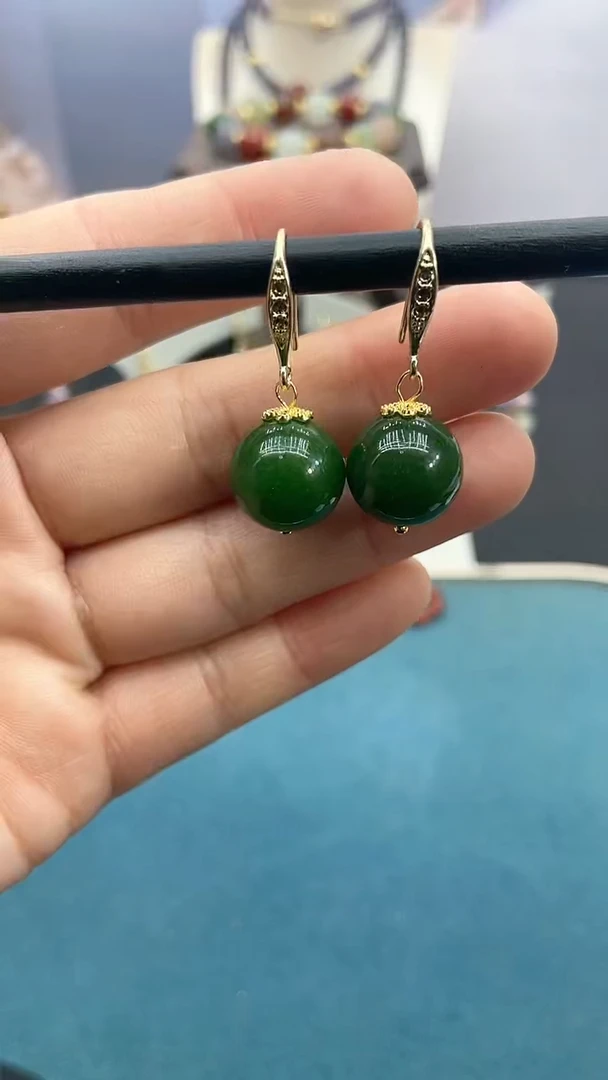 【闪购商品】和田玉耳饰银S925镶嵌13mm碧玉单珠耳钩