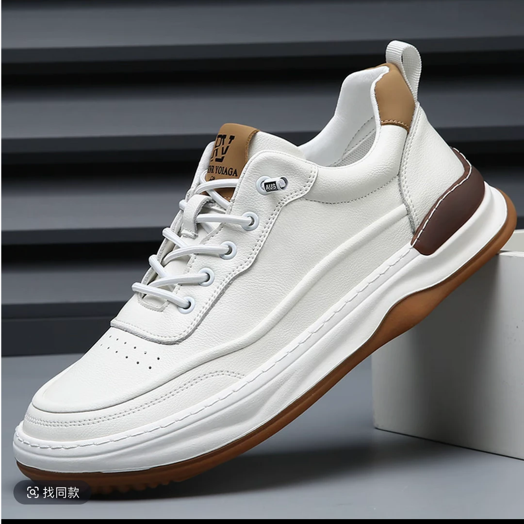 新款真皮男鞋春季百搭潮流小白鞋男厚底透气皮鞋男镂空休闲板鞋1