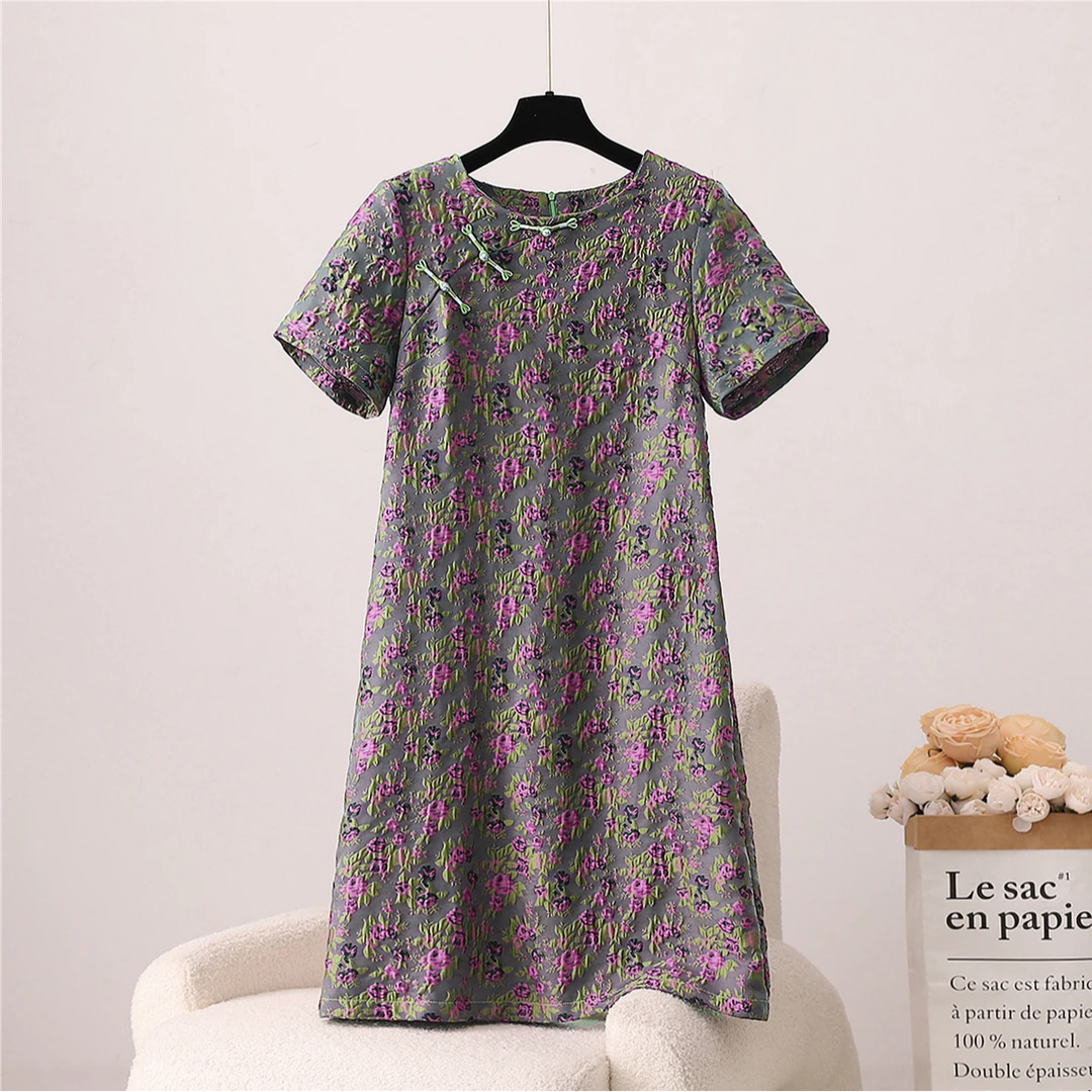 新中式国风新款夏季碎花连衣裙显瘦气质中长款圆领女短裙A99