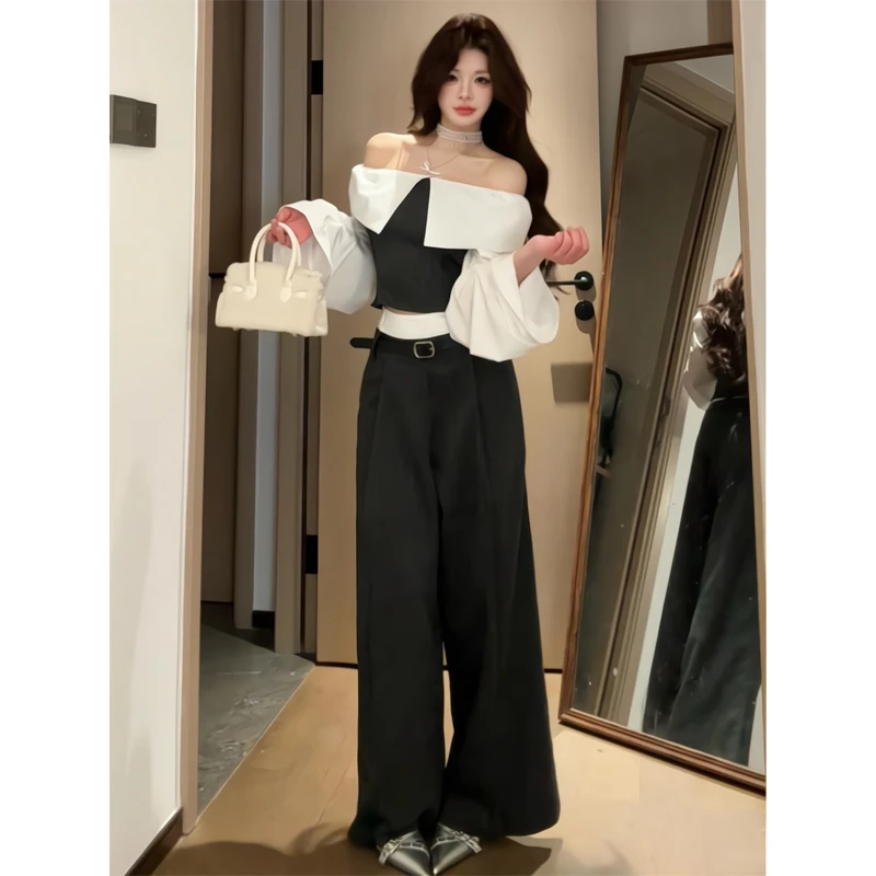 露肩一字肩设计感衬衫长袖修身显瘦上衣阔腿西装裤直筒长裤2025年
