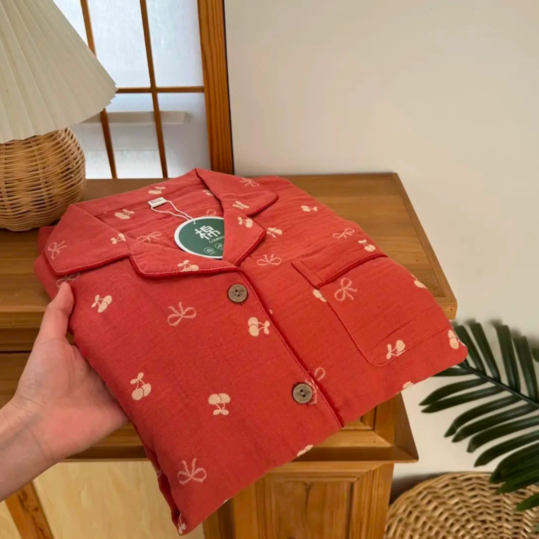 【樱桃·花朵】女士纯棉睡衣秋冬春季家居服长袖长裤套装翻领全棉