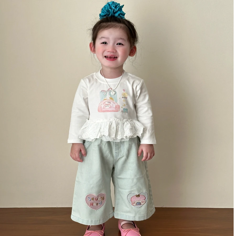 女童长袖T恤秋季2025新款女宝宝韩版洋气花边上衣牛仔阔腿裤套装