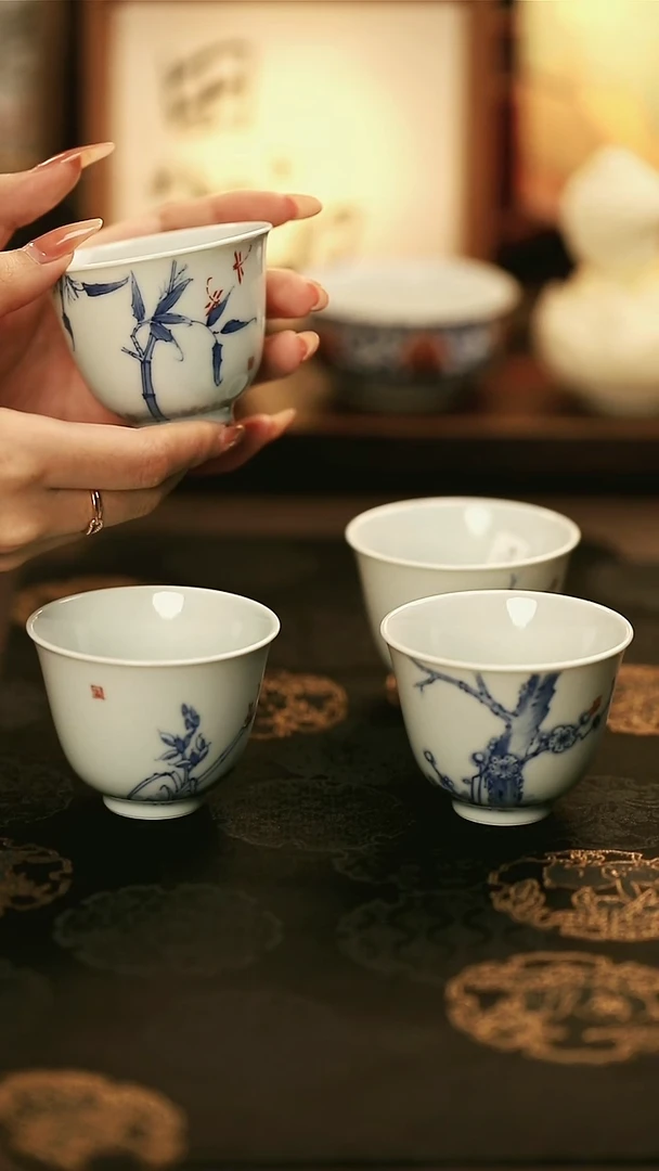 M4010/陶瓷青花梅兰竹菊主人杯/四只一套