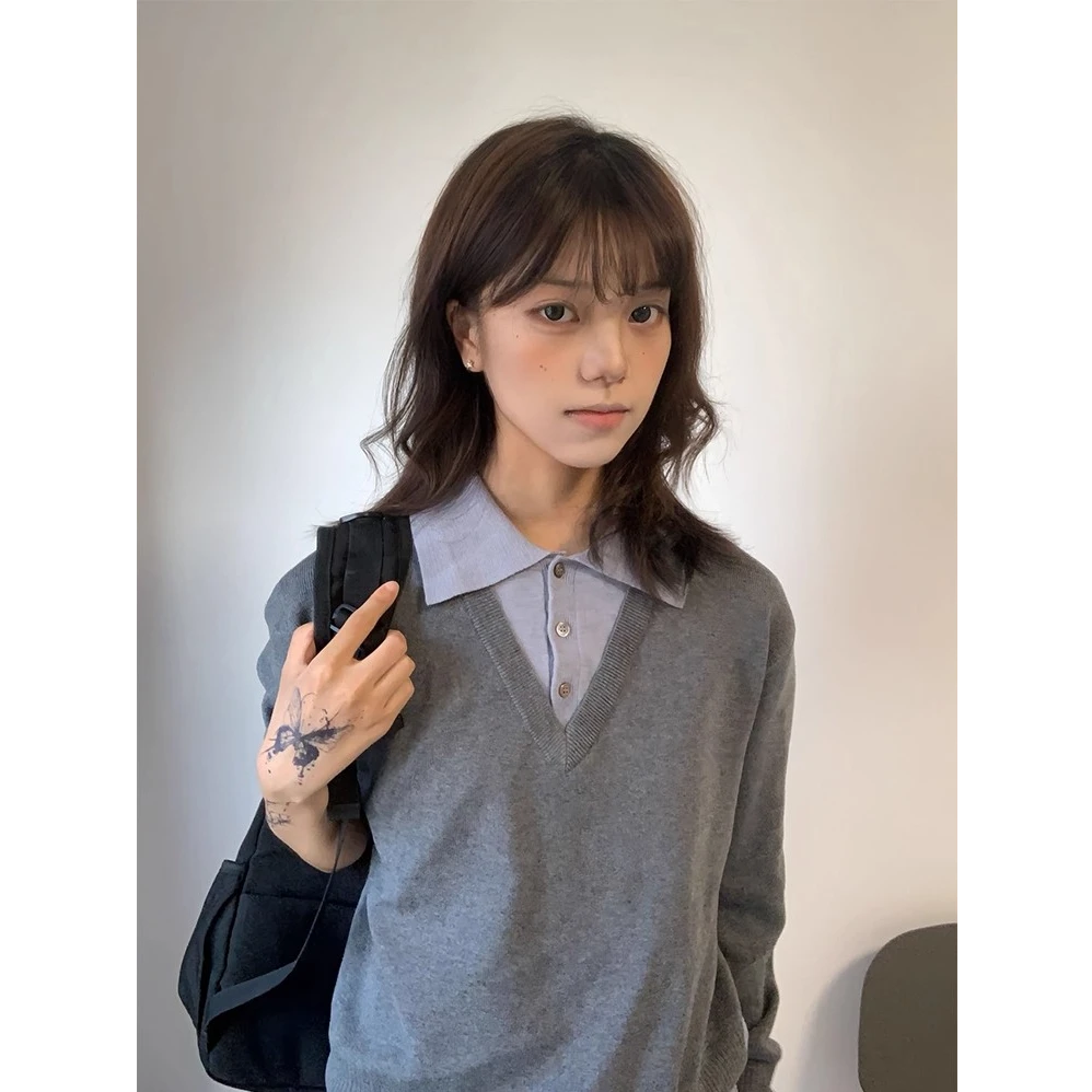 灰色polo领假两件针织衫男款秋季miu系老钱风美式复古毛衣打底衫