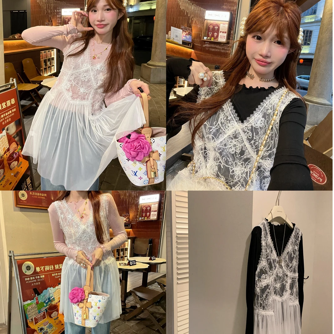 JENNIFER JXLIU韩版宫廷风白色v领亮片蕾丝网纱收腰背心裙连衣裙